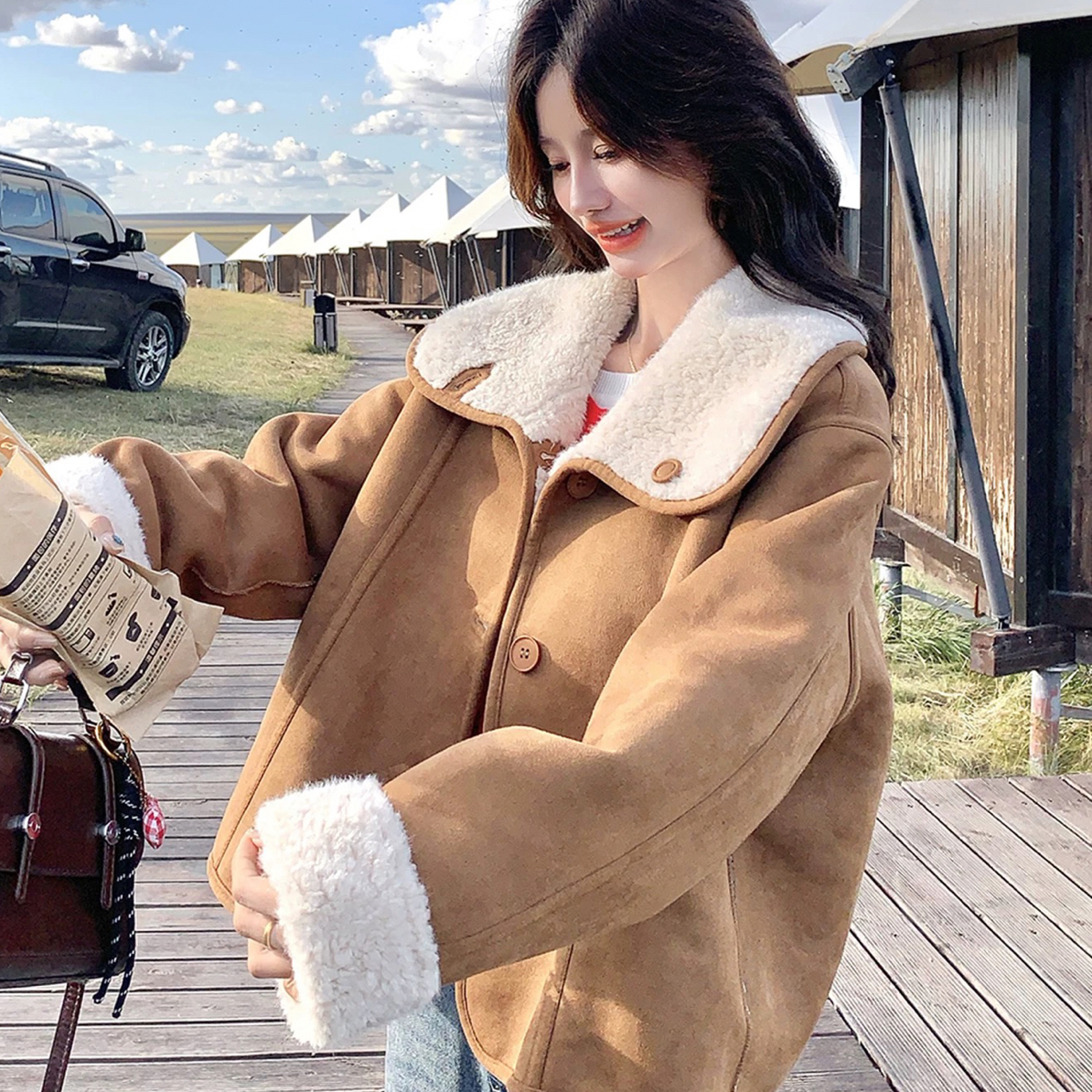 两面穿立领短款毛毛外套女冬季新款小个子保暖加厚皮毛一体外套