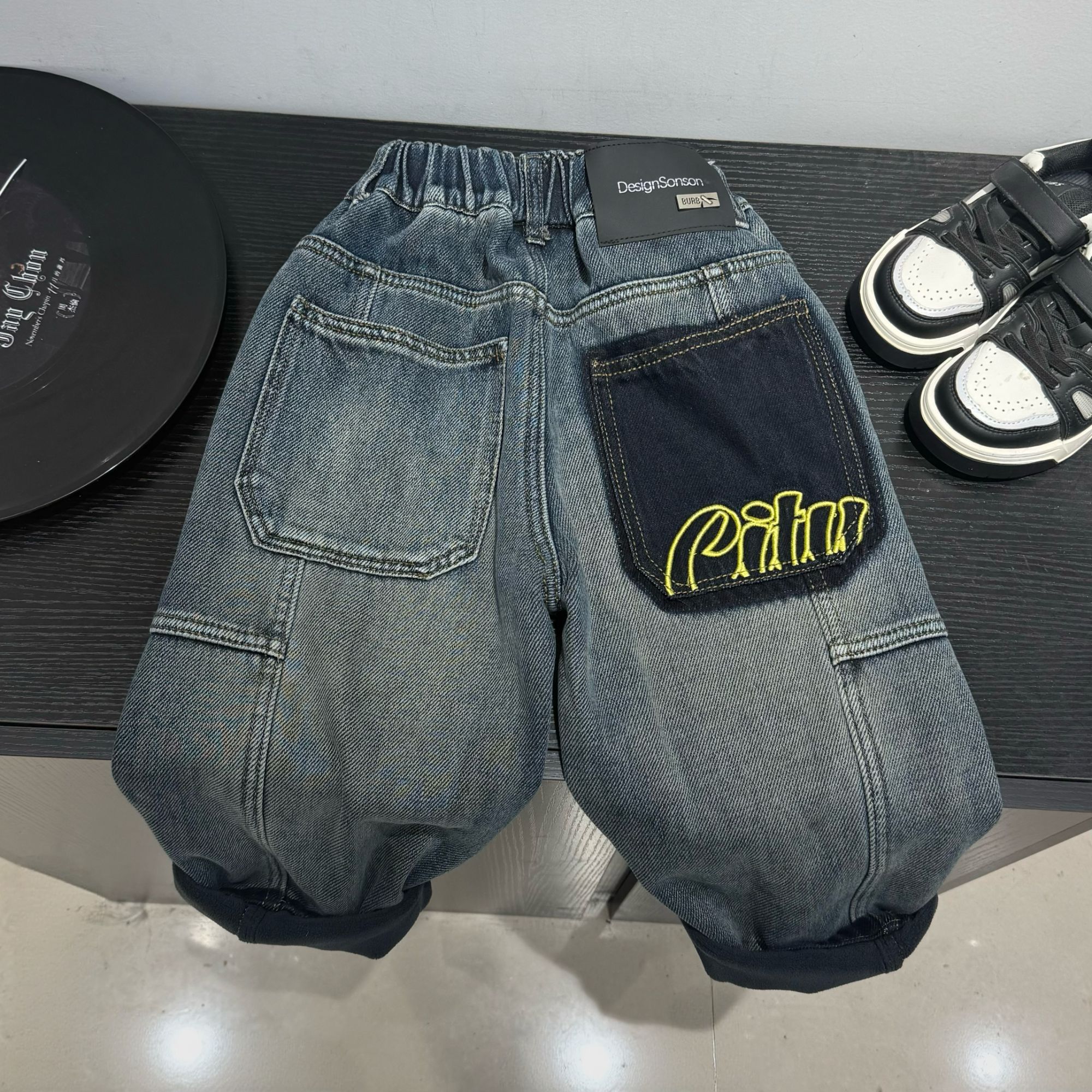 D2588男童冬装2025新款冬季儿童加绒加厚一体绒牛仔裤