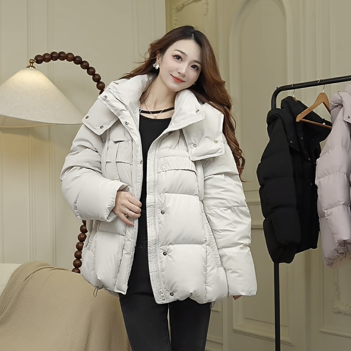 口袋字母边百搭韩版羽绒服女冬季外套连帽加厚休闲短款保暖
