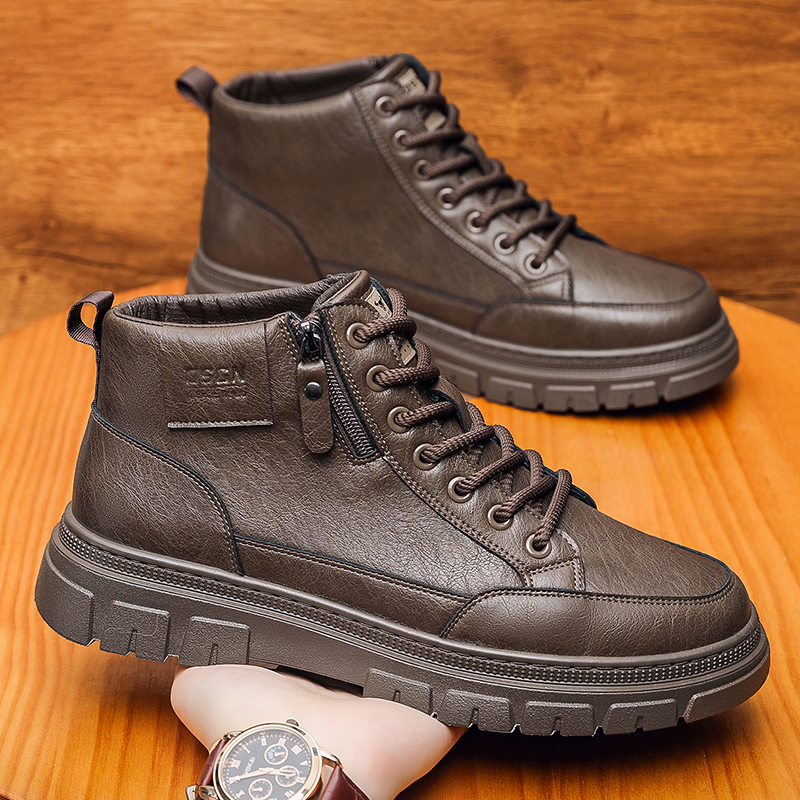 冬季高帮马丁靴潮流保暖休闲增高系带鞋子男休闲防水加绒韩版皮面