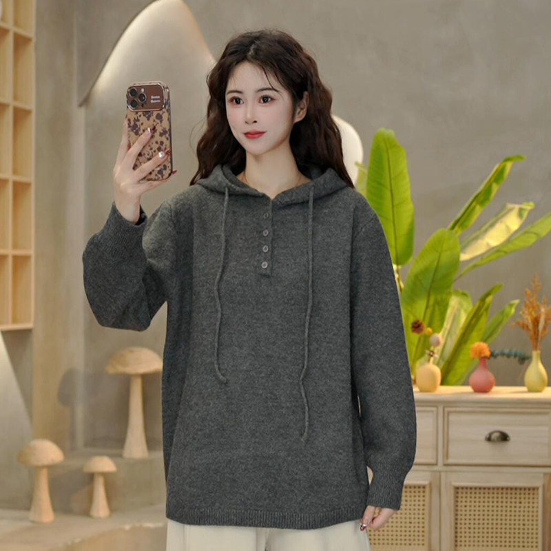 5153 冬季新款单排扣连帽毛衣宽松时尚百搭长袖套头休闲上衣