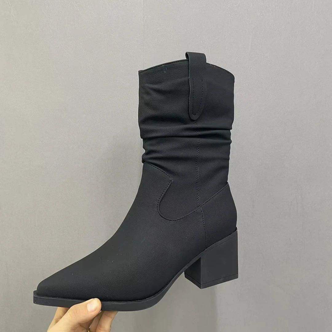 2802时装靴女士筒靴中跟短靴时尚瘦瘦靴圆头女靴尖头加绒秋冬黑色