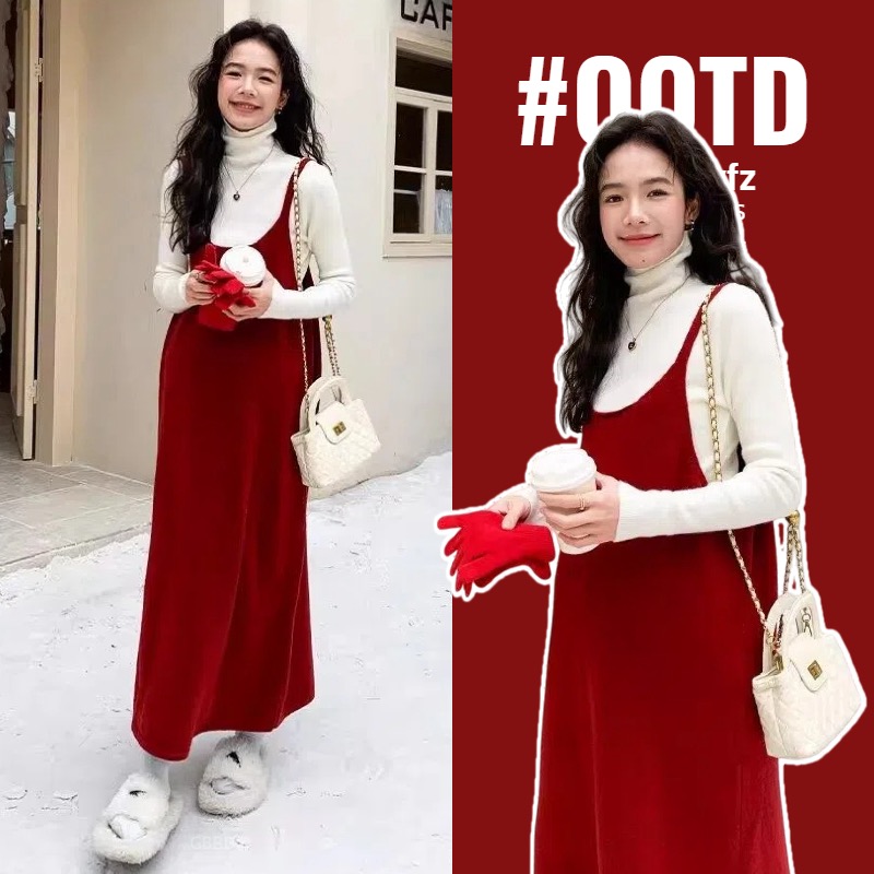 孕妇装2025秋冬新款时尚韩版气质内搭上衣+显瘦吊带连衣裙套装