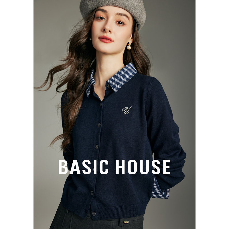 Basic House/百家好格子拼接假两件毛衣新款针织上衣B1195B5X632
