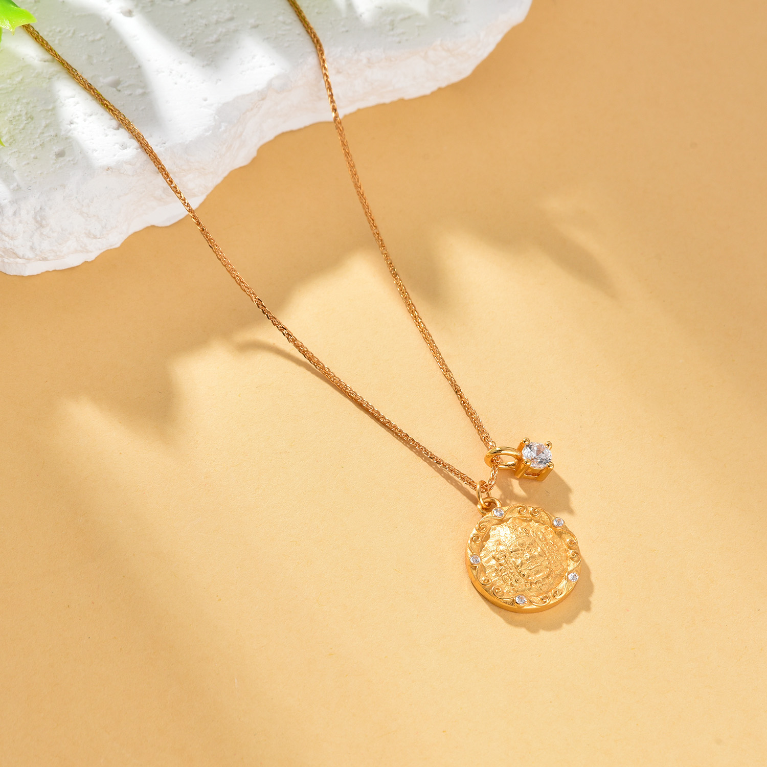 坠链均925银 【婉葶珠宝】s925银新中式古法黄财圆牌精致锁骨链