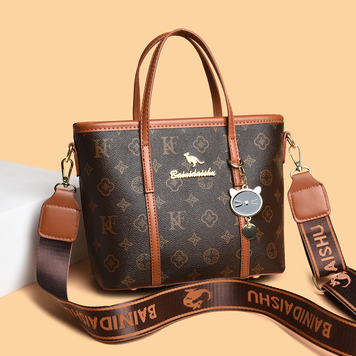 新款时尚百搭潮流女包单肩斜挎包8529K字棕