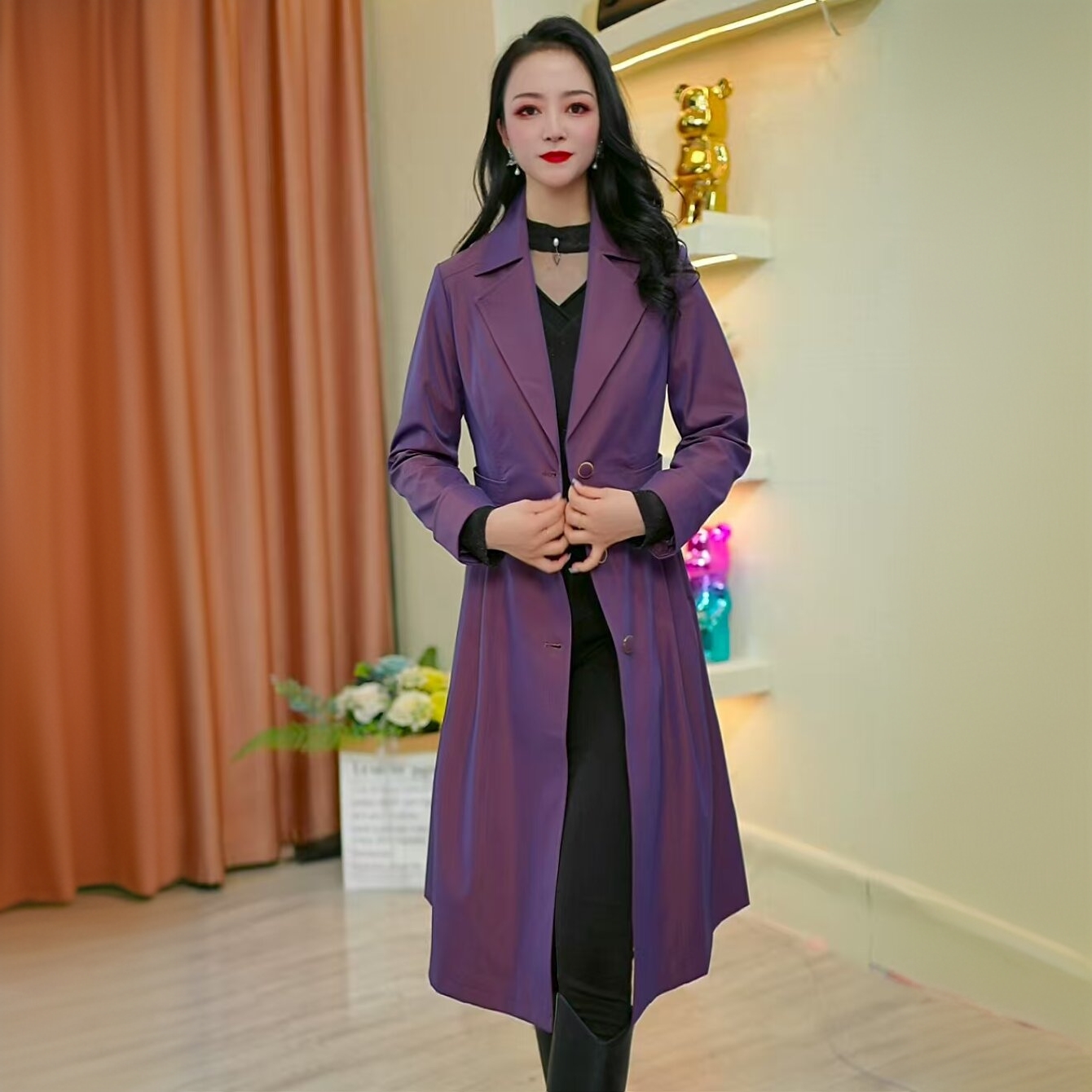 时尚气质长袖中长款风衣外套2025春秋保暖女轻奢西装修身收腰开衫