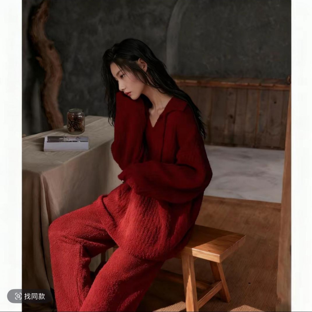 2025年新款睡衣女士秋冬季半边绒软绵长袖家居服套装慵懒风