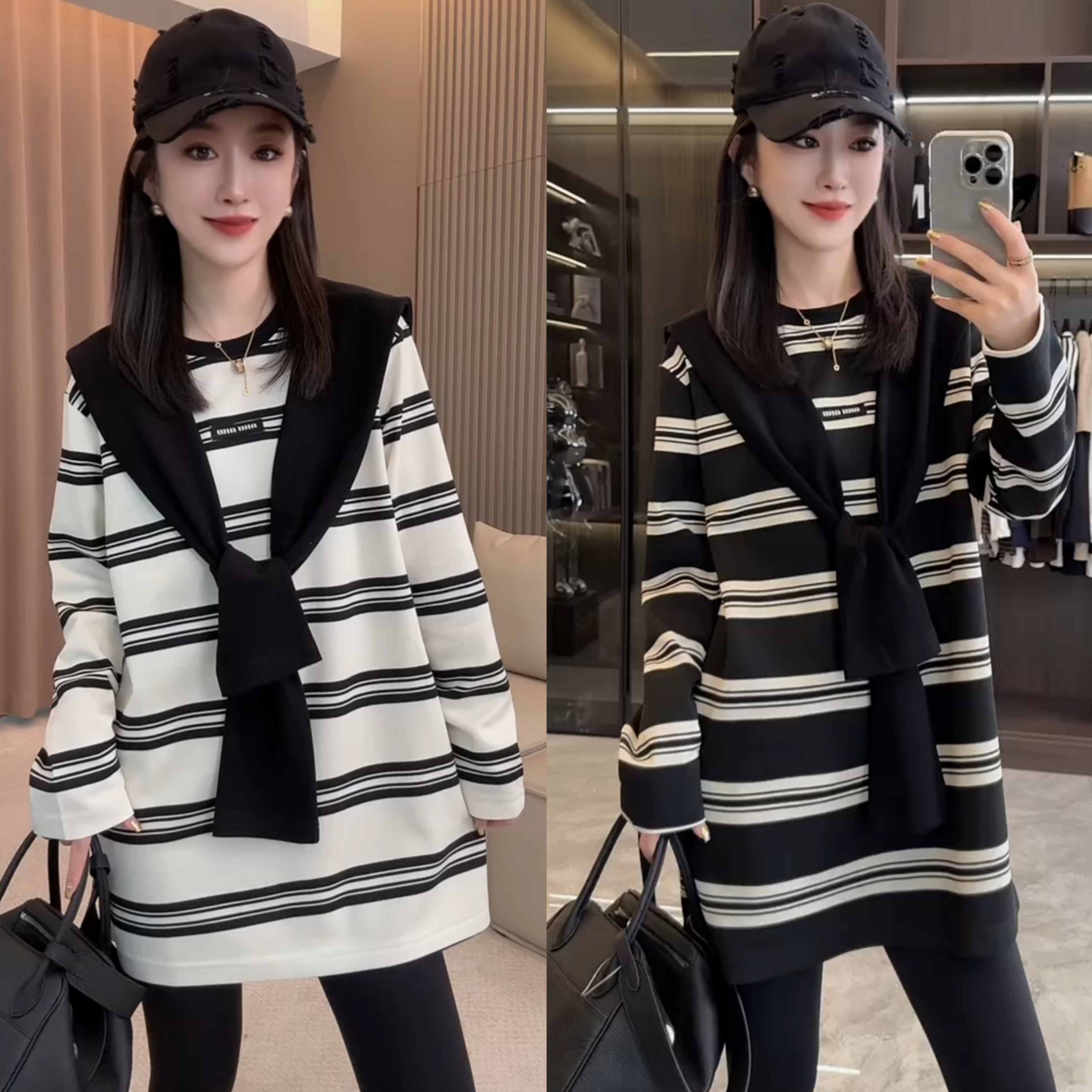 秋季宽松大衫条纹披肩T桖2025女洋气遮肉显瘦百搭长袖网红爆款