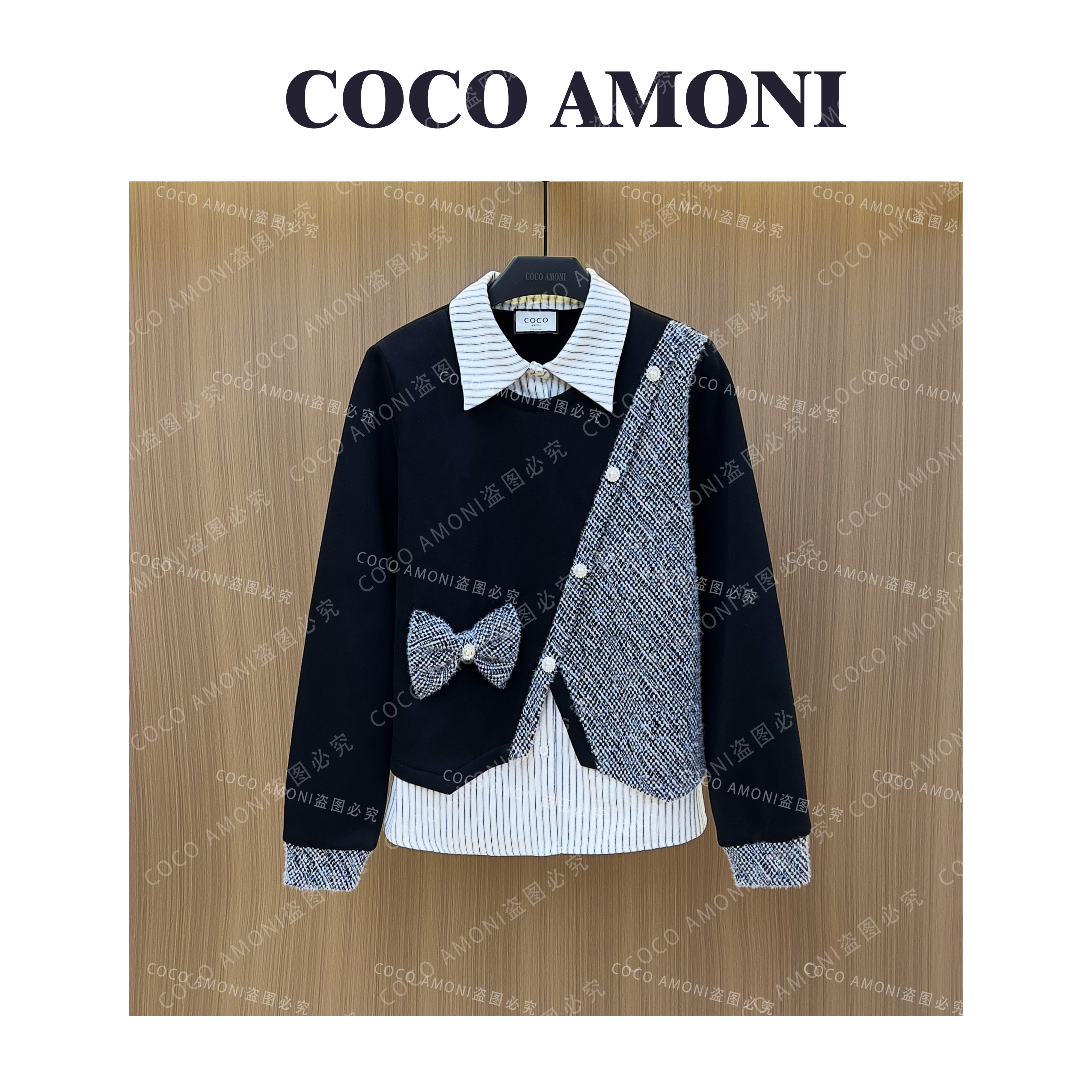 [曼姐]新款高级感秋冬女装拼接重工蝴蝶结显瘦减龄长袖卫衣LDD071