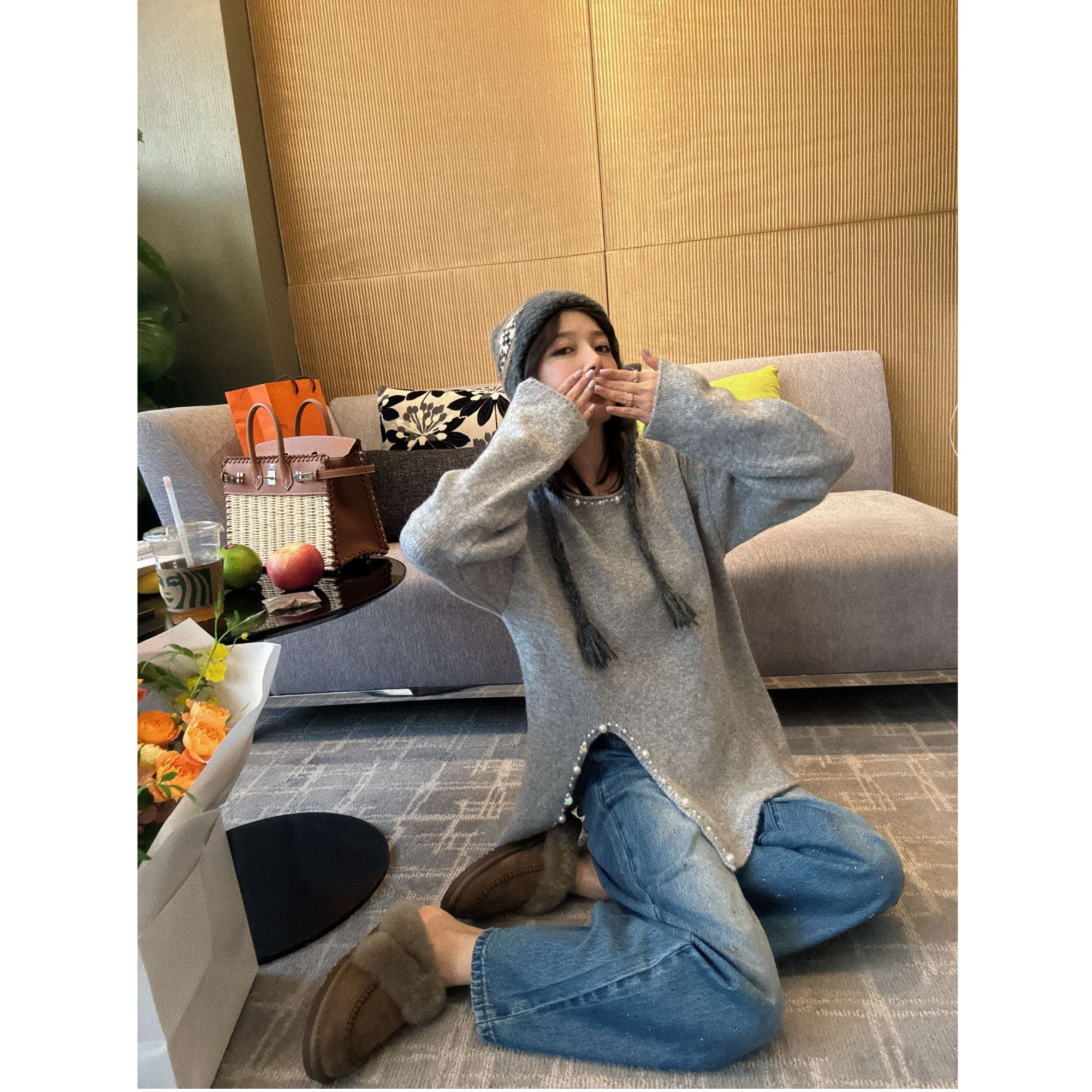 BETTER JOELAY-【银灰珍珠】羊毛时尚针织毛衣套头款个性慵懒Z0941