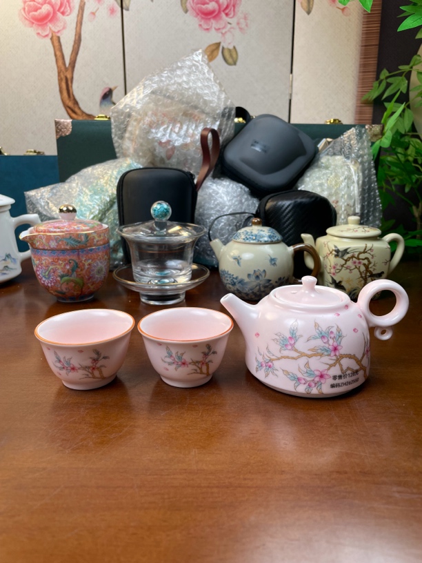 ZH3514-梅花粉汝窑壶+-梅花粉汝窑杯*2➕粉底紫藤花干泡茶盘