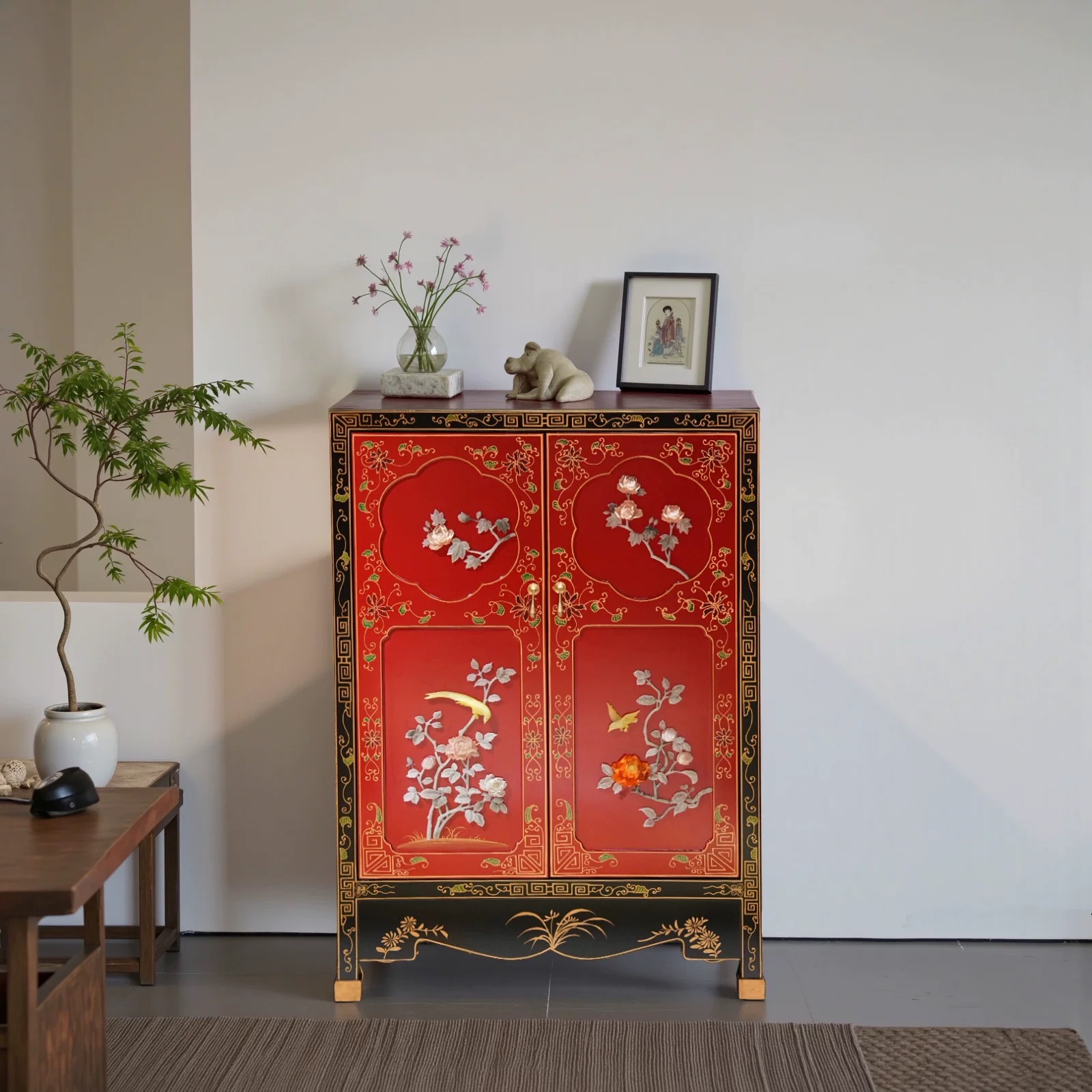 TT29新中式国风骨石镶嵌花鸟红色立柜玄关柜80*40*115cm