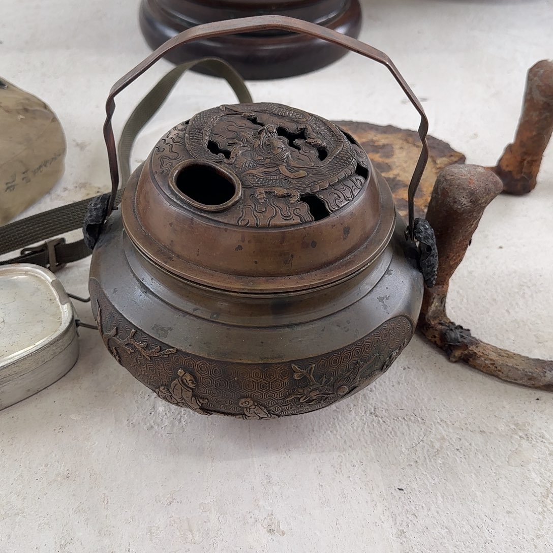 狮***子瓷片铜炭炉 瓷片中古回流孤品一件