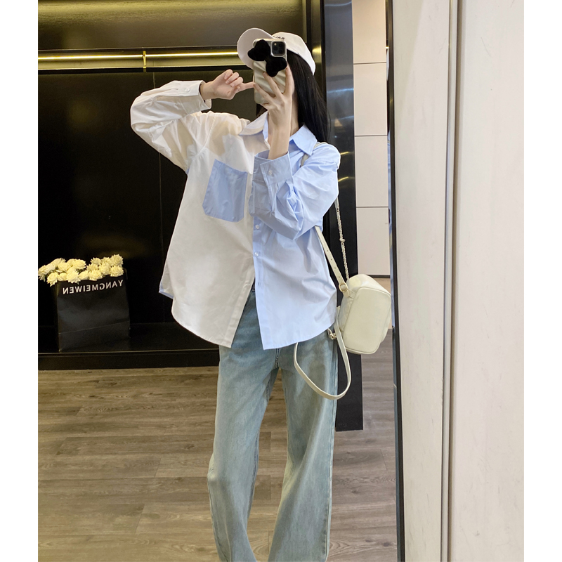 韩版白蓝色拼接衬衫女春季设计感小众宽松长袖显瘦百搭衬衣外穿潮
