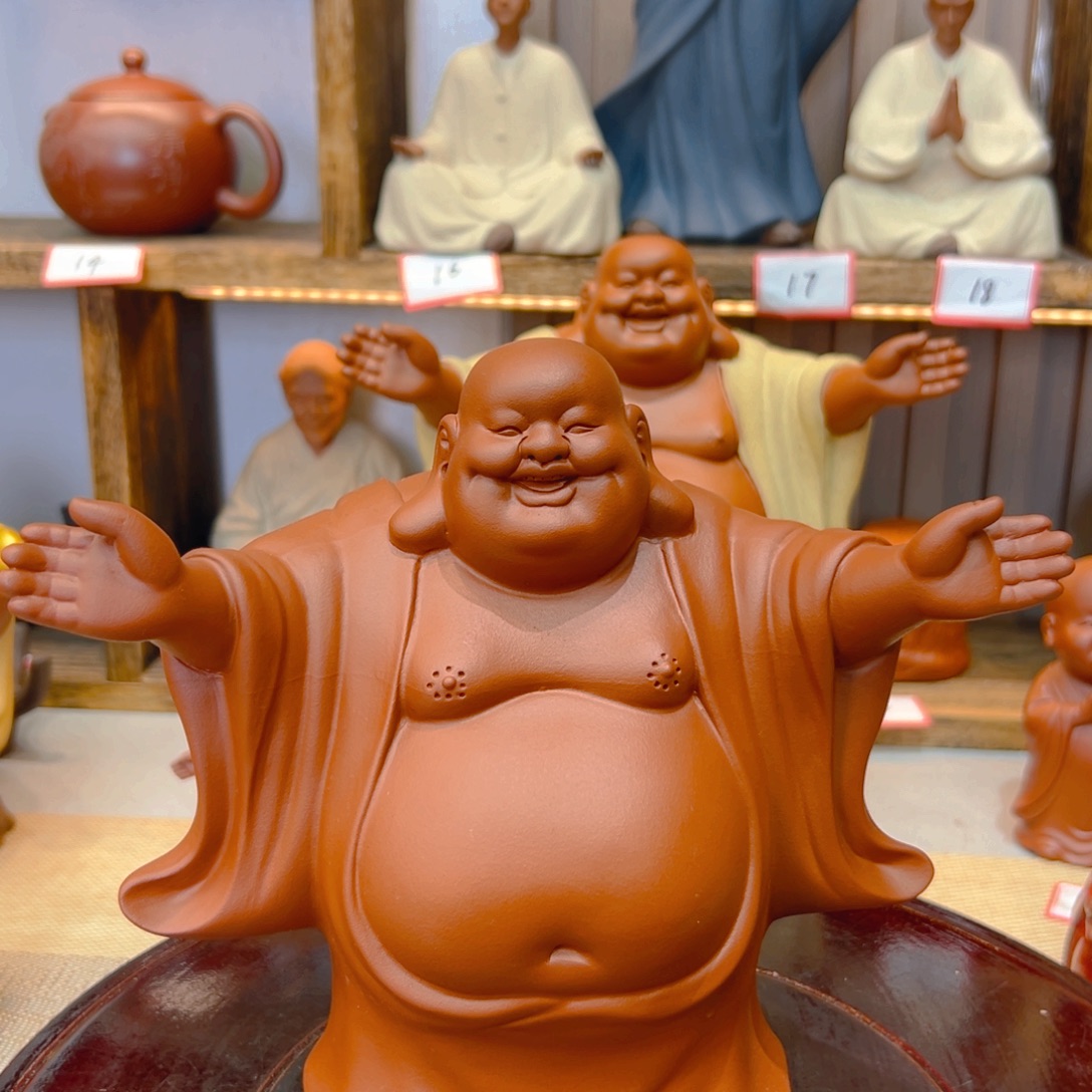 紫砂茶宠开播福利双手朱泥弥勒佛