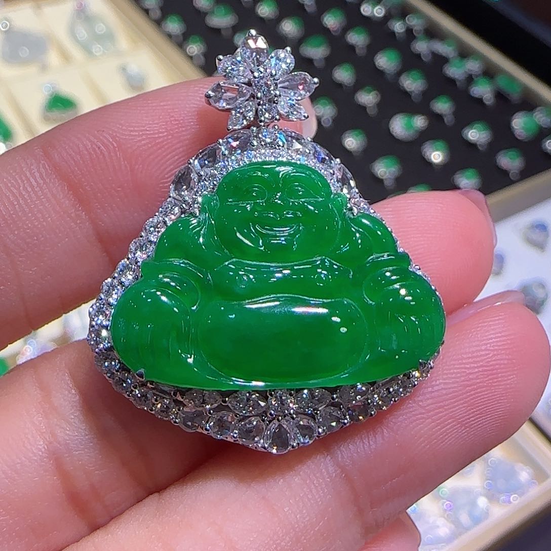 翡翠吊坠(不含链)18K金镶嵌佛公