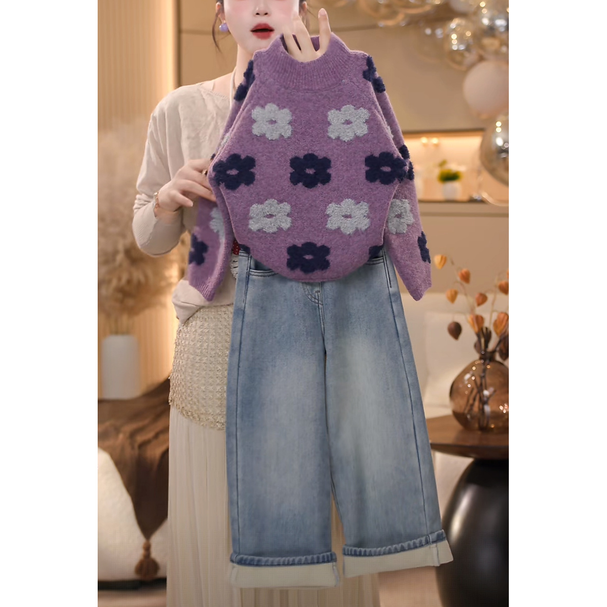 【米拉6新】女童紫色加绒毛衣针织牛仔裤秋季中大童长袖上衣外套