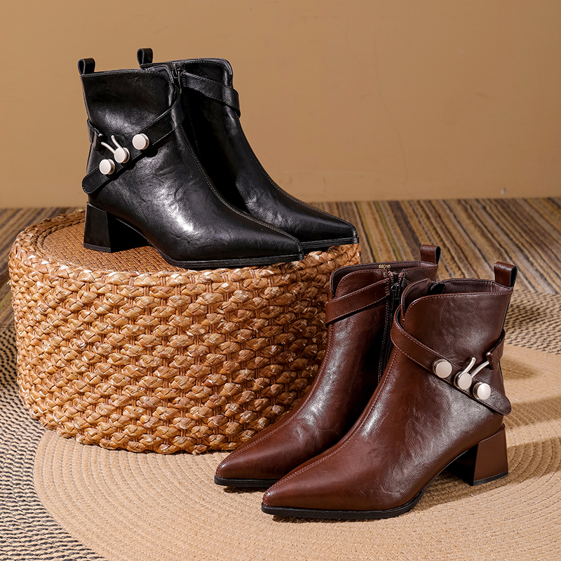 尖头冬季短靴法式粗跟秋冬靴子中跟百搭女拉链女靴-88209