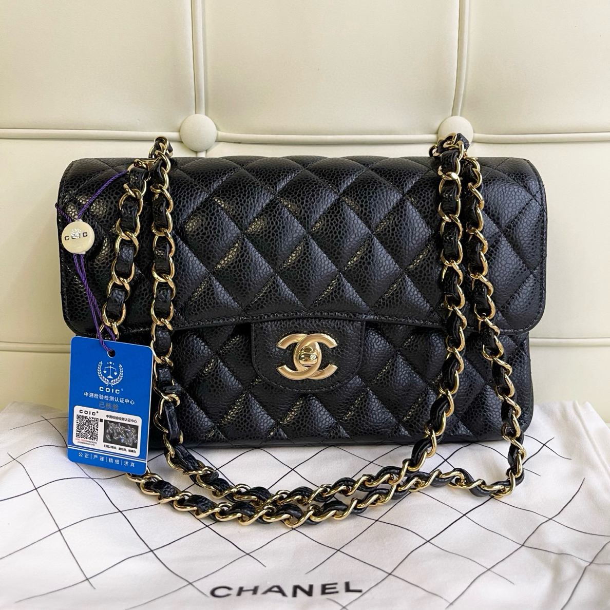 99新 Chanel/香奈儿 119538 香奈儿黑金cf小号荔枝皮斜挎包