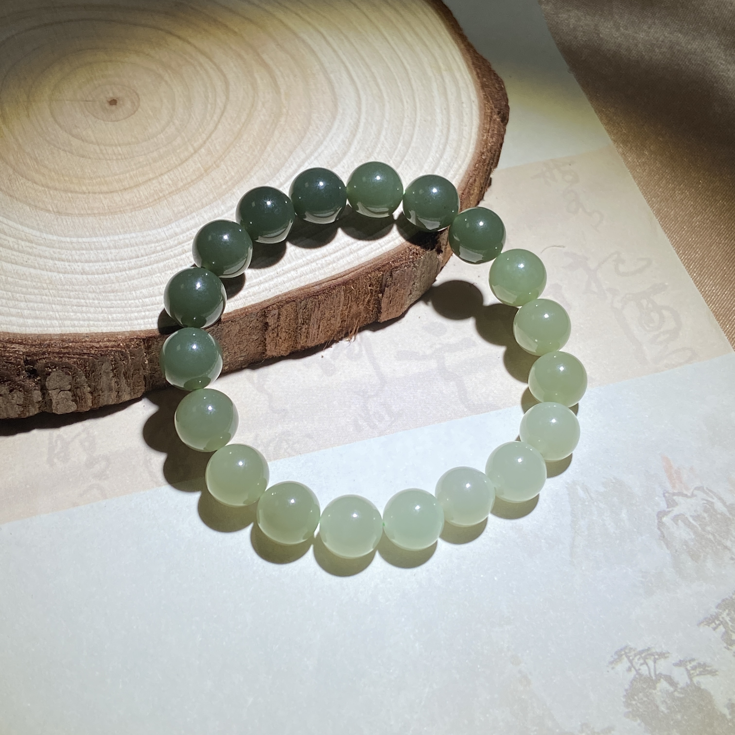 【渠小姐精选】SC0008 和田玉老料湖水绿渐变手串9.5mm（多样性发一）