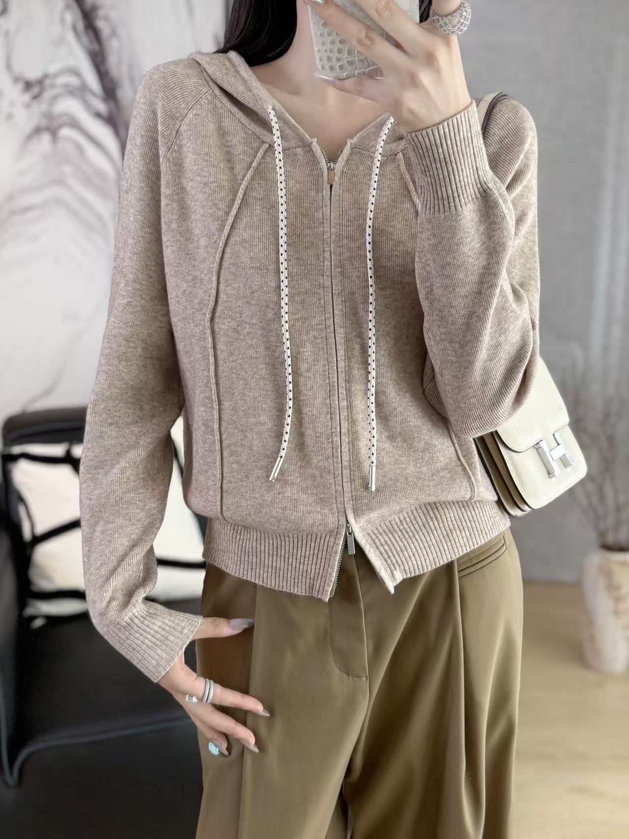 衫慵懒风连帽针织衫针织秋季纯色百搭