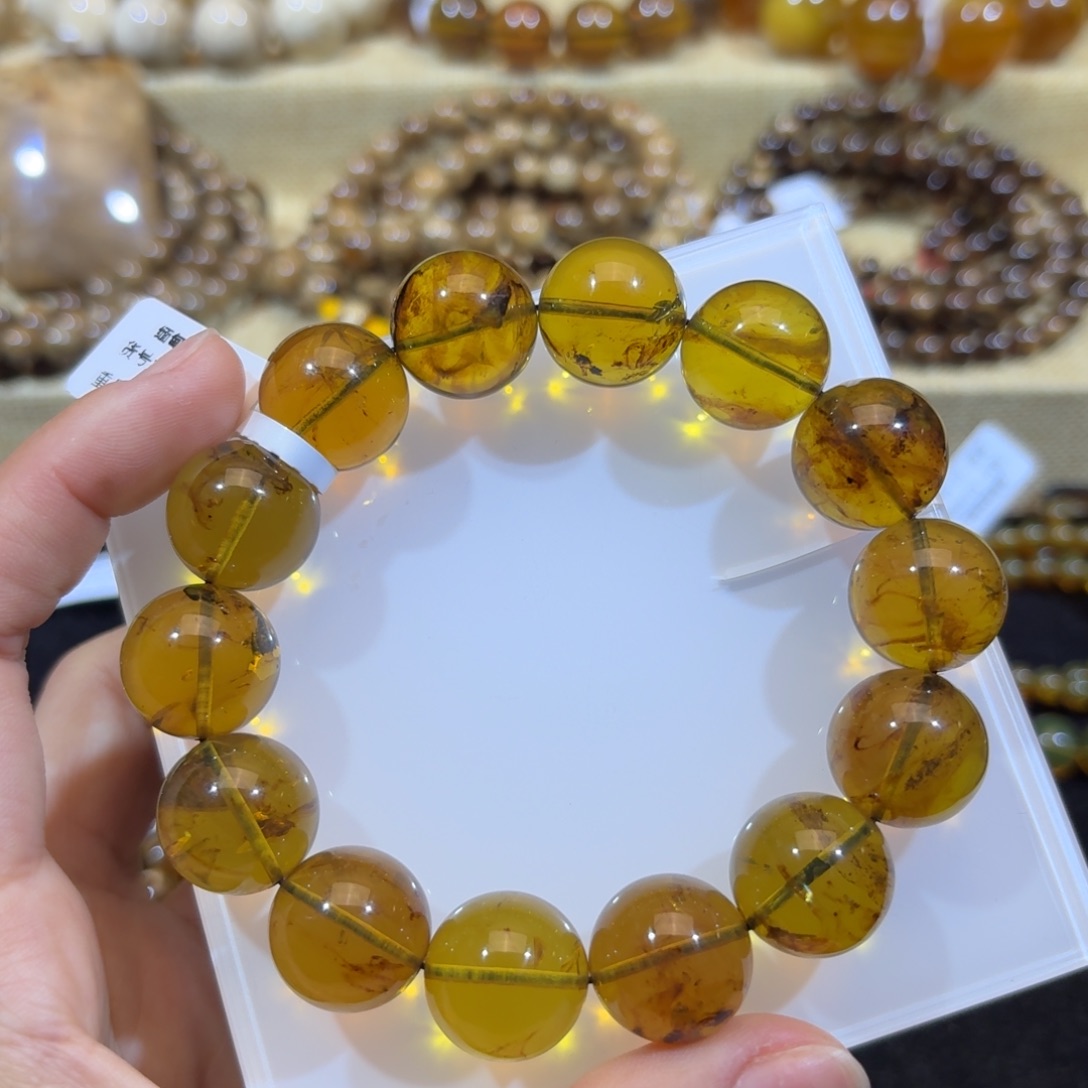 琥珀珠宝奇石未镶嵌16mm菠菜绿花瓣意境单圈