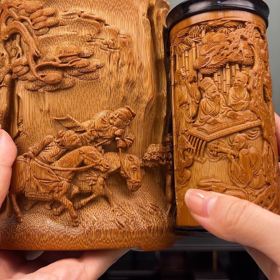 竹易*竹雕笔筒加茶叶罐