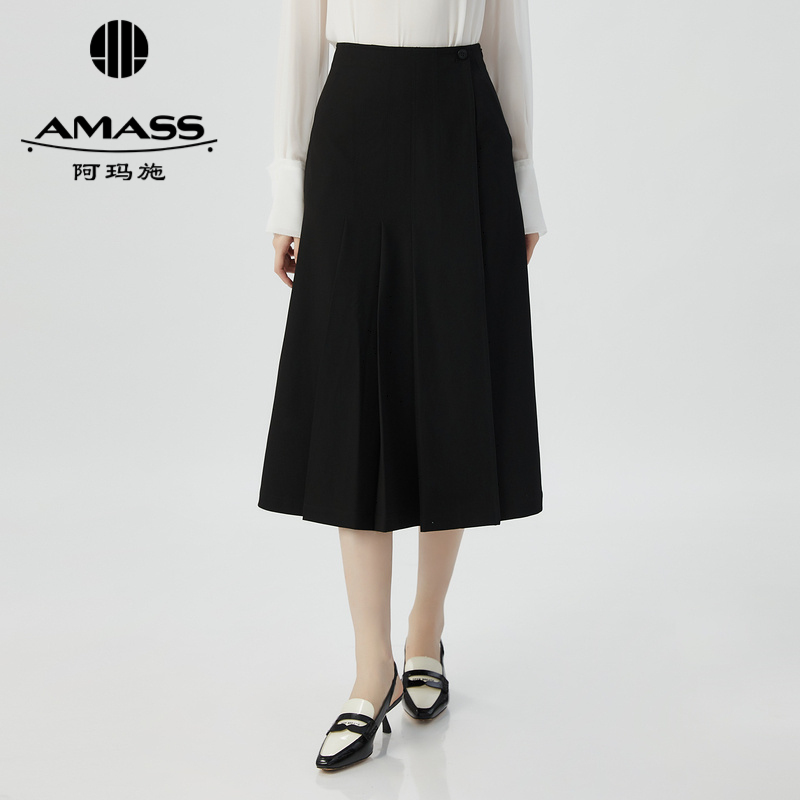 AMASS/阿玛施新款A字夏季女装百搭裙子黑色半身裙5200382