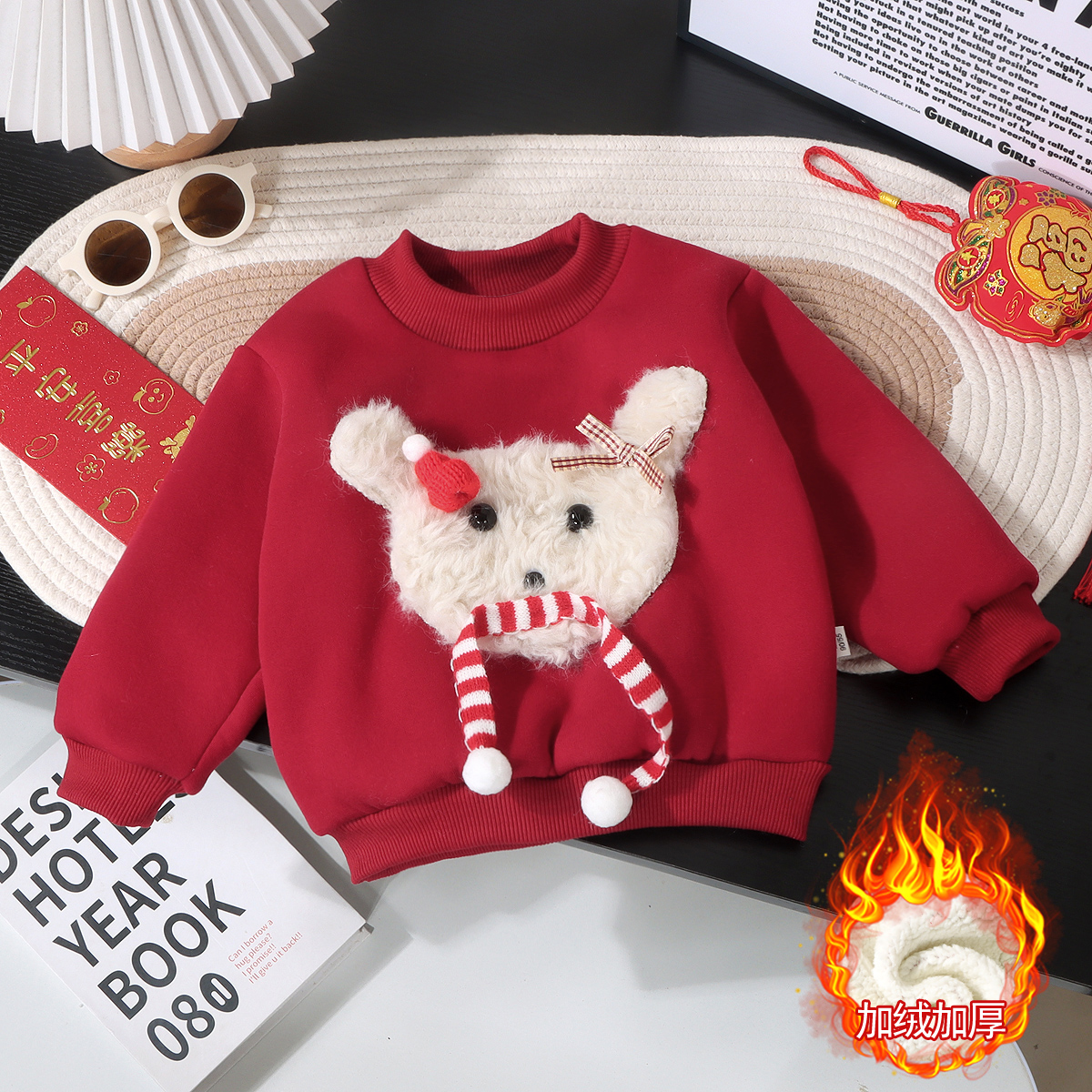 2025儿童新款加绒加厚卫衣保暖衣大红色中国风拜年服喜庆洋气