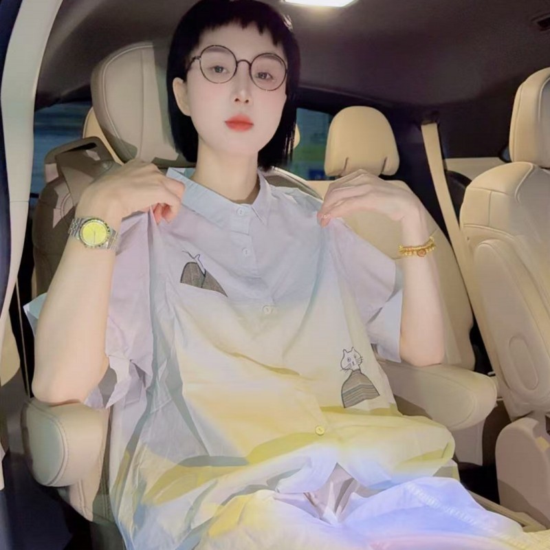 （两只猫咪寸衫）韩风小众风格百搭显瘦休闲时尚减龄夏季上衣