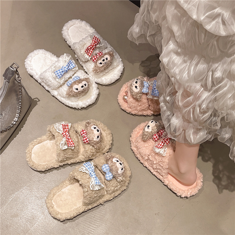 2025秋冬新款可爱卡通毛棉拖鞋女超软平底高颜值雪莉玫防滑一字拖