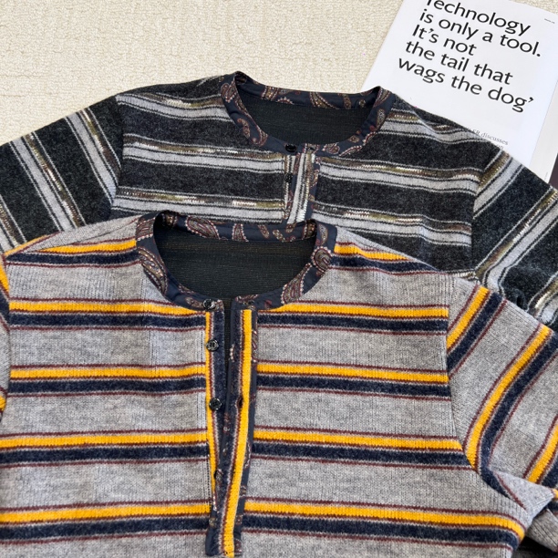 秋冬新款慵懒感撞色条纹连帽纽扣半门襟针织衫毛衣