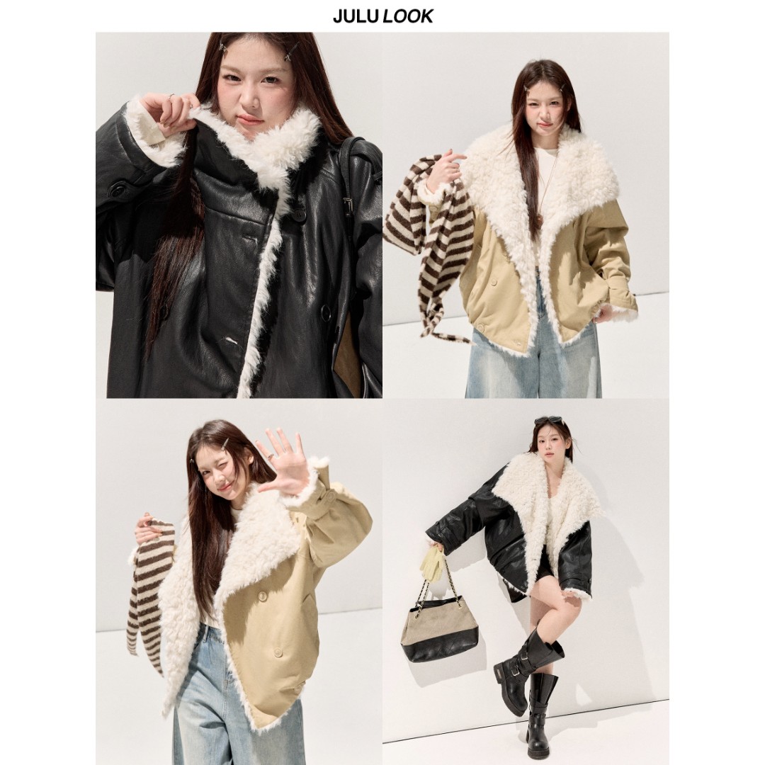 巨鹿工作室“小羊说”微胖mm大翻领毛毛内里保暖皮衣外套大码上衣