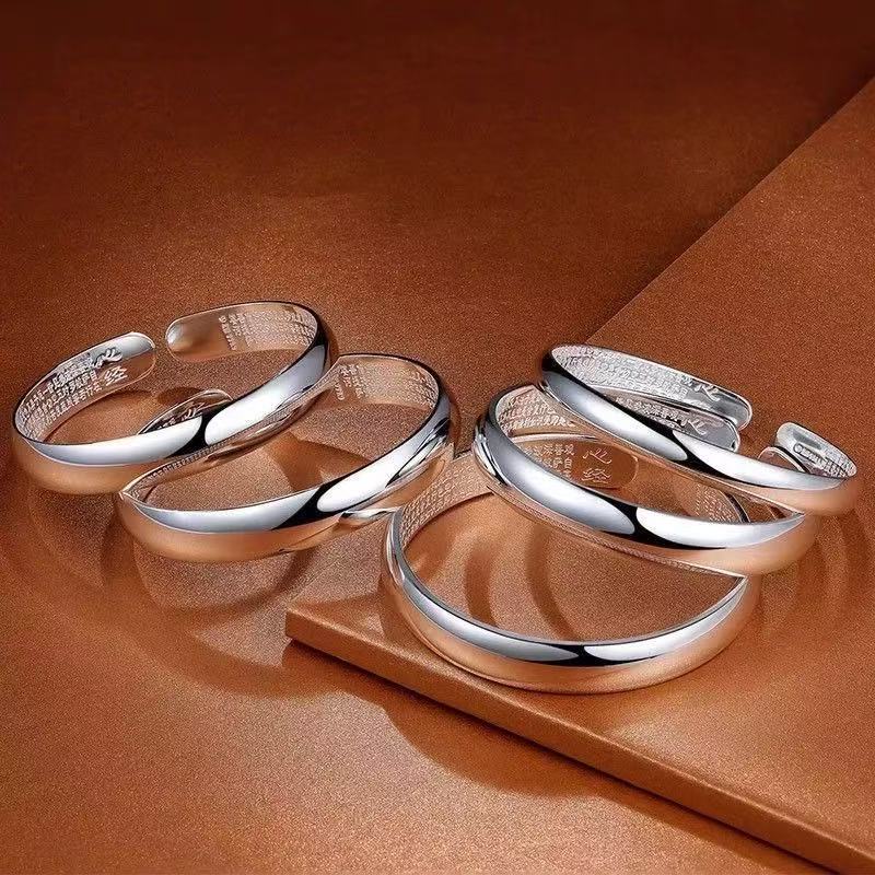 足银手镯 A21足银999.9光面贵妃心经开口银手镯女送妈妈节日礼物