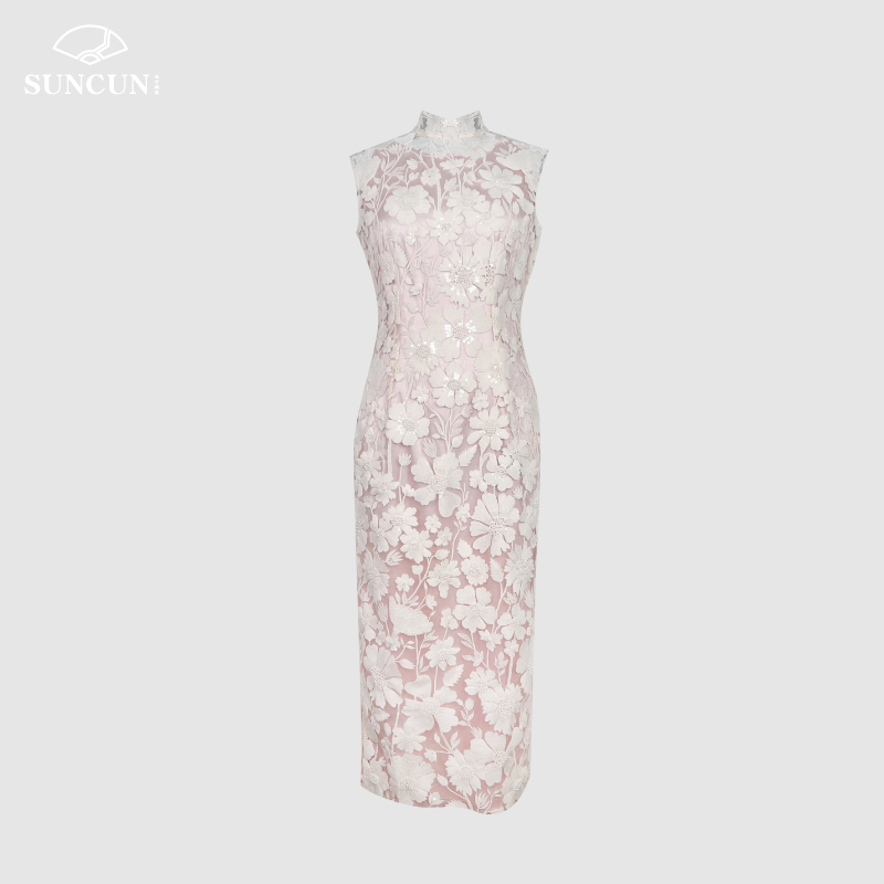 三寸盛京中国风淡粉色蕾丝露背无袖旗袍