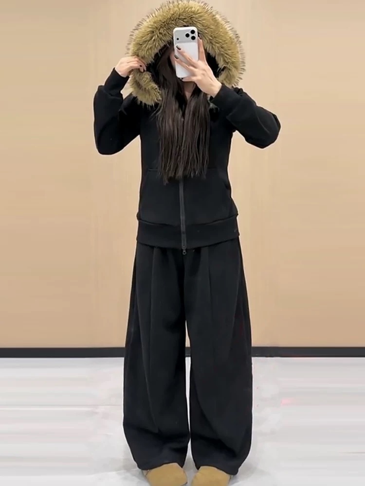 多金服饰【大毛领】秋冬黑色重磅显瘦外套加绒可拆卸毛领（套装）