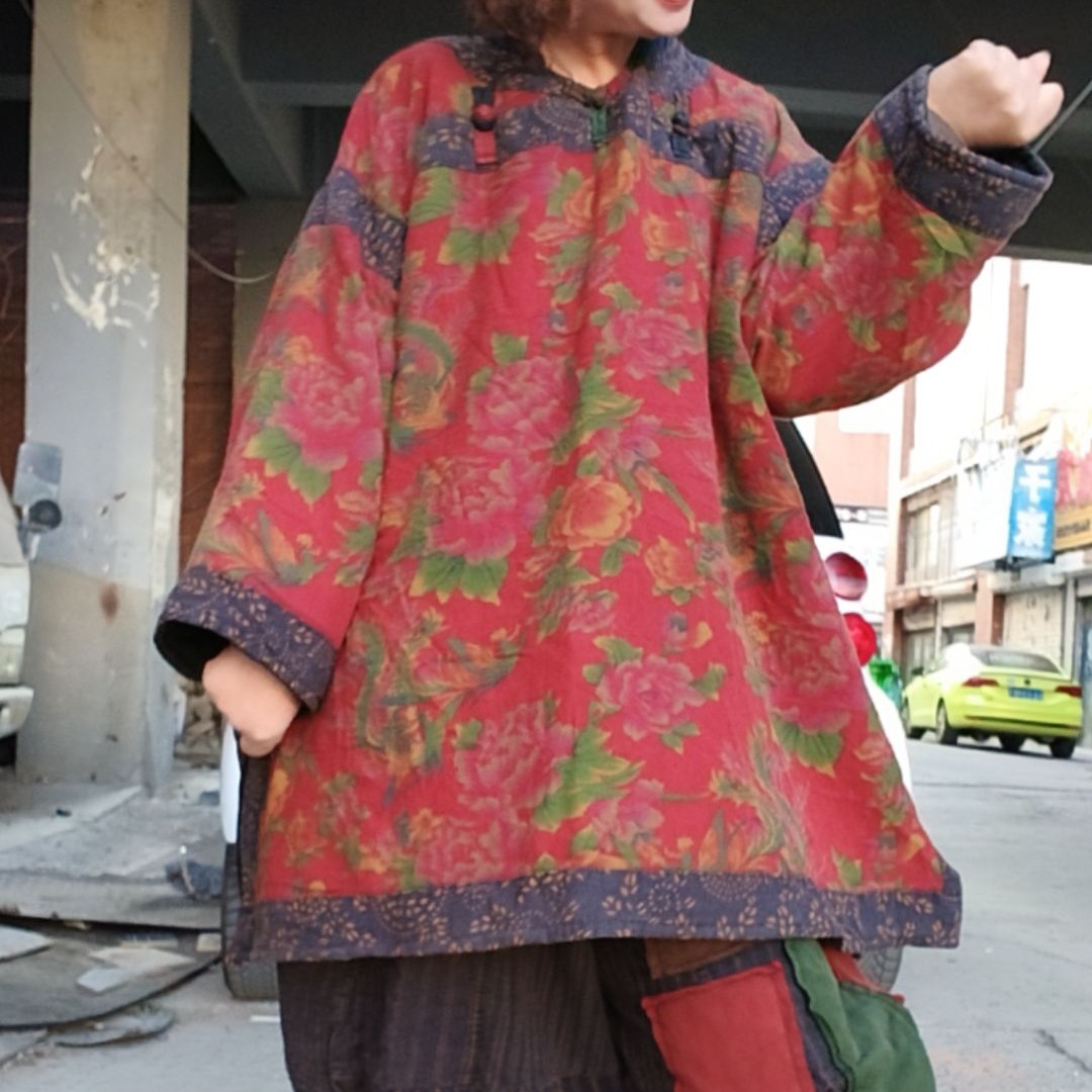 无吊牌做旧红花圆领立扣宽松棉服