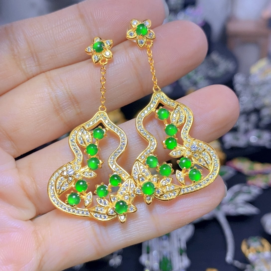 翡翠银S925镶嵌耳饰天然