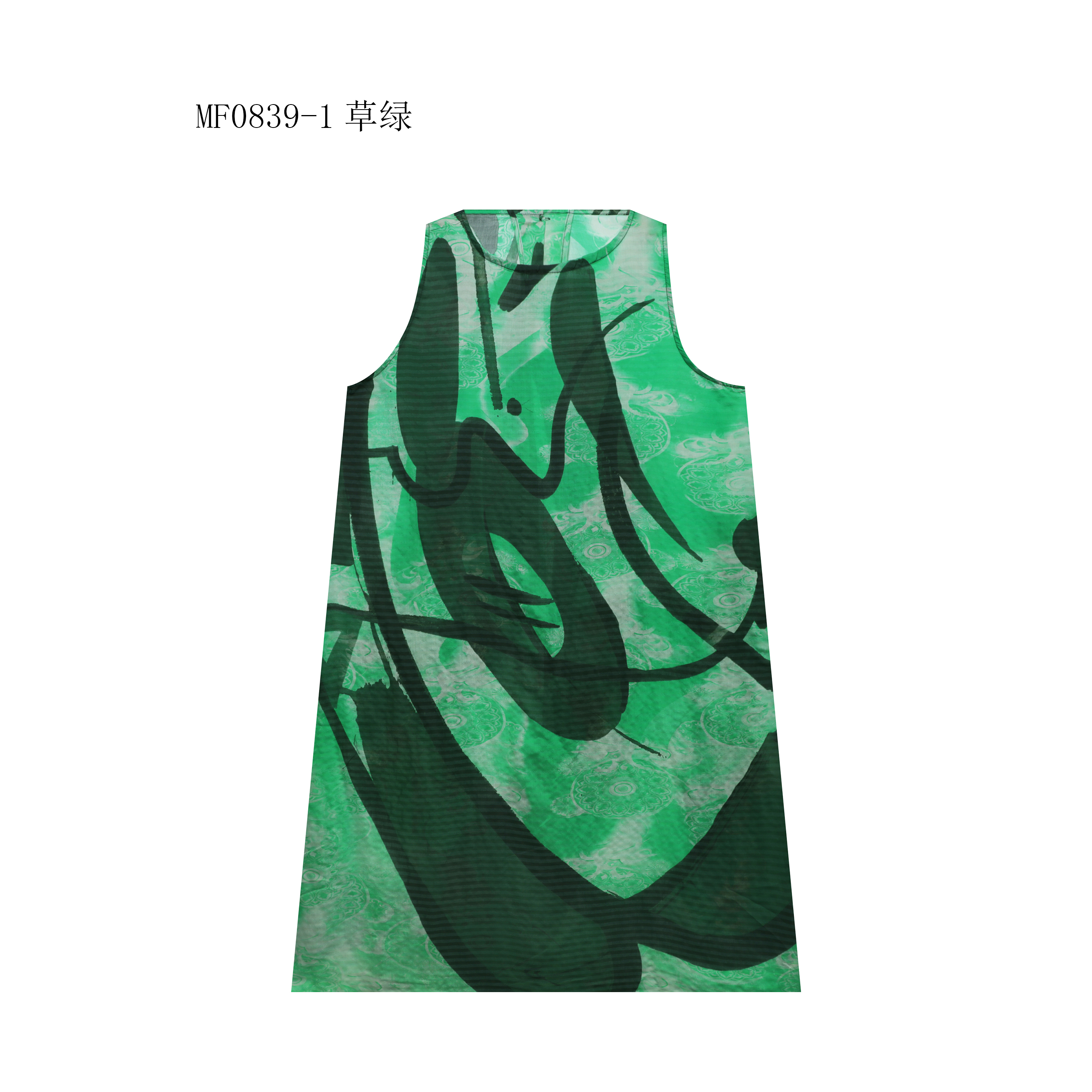 【麻訪家】MF0839-1草绿文艺复古优雅宽松休闲无袖连衣裙