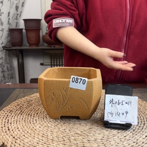 紫砂花盆新品上新柴烧刻绘切角四方0870