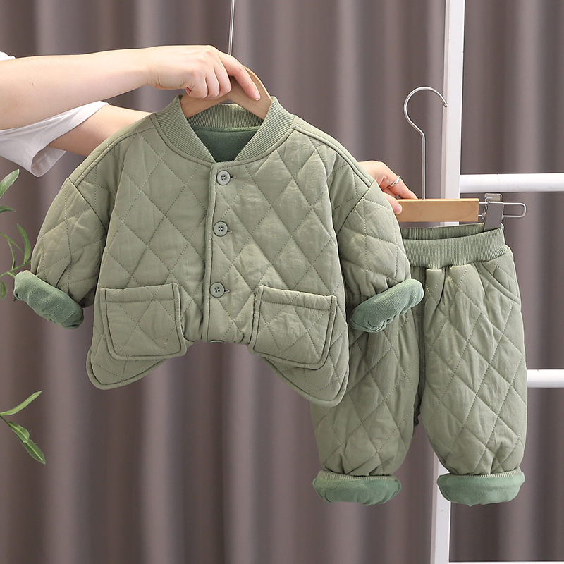2025冬季婴儿加绒加厚套装宝宝冬装衣服外出棉袄保暖服连帽两件套