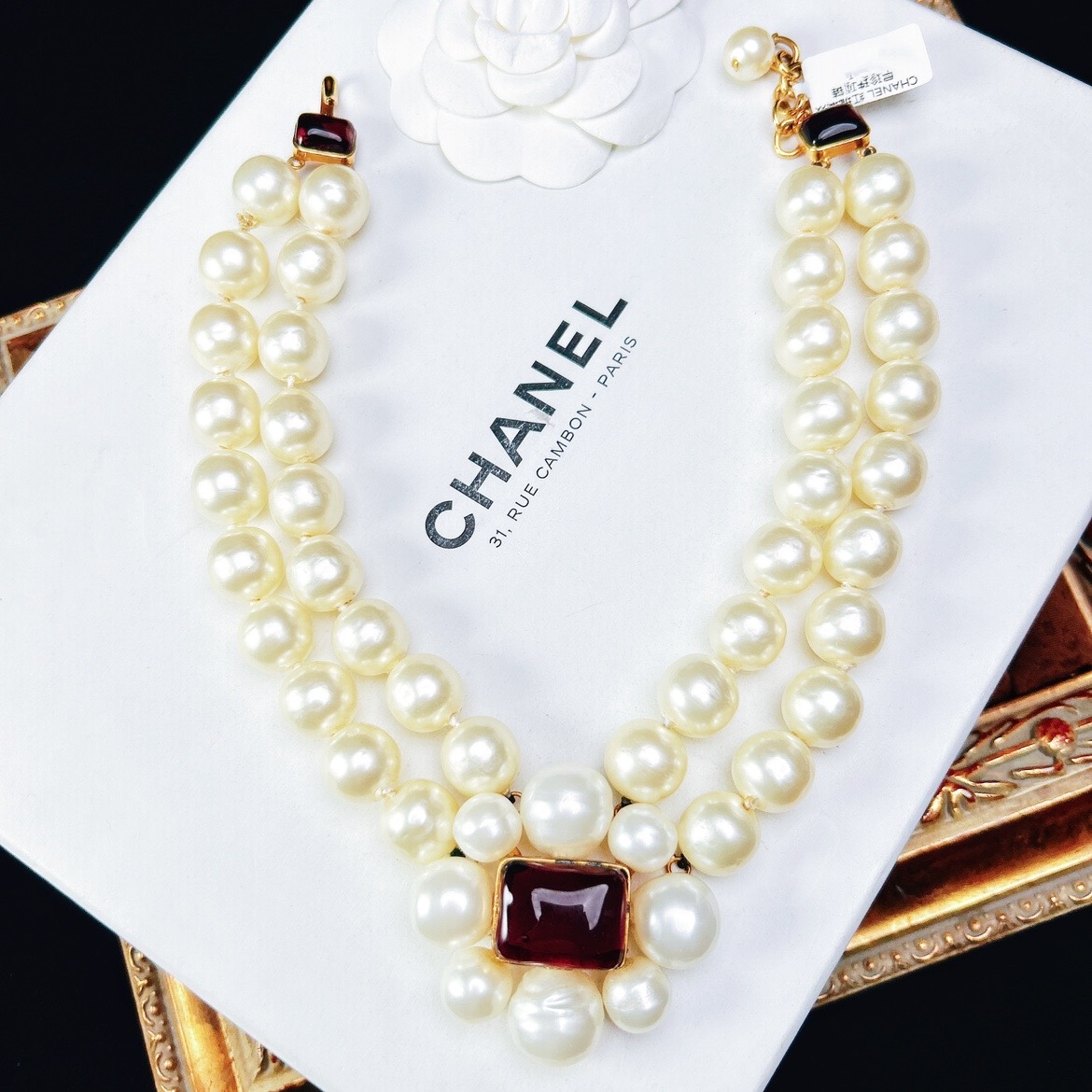 95新 Chanel/香奈儿 柚礼中古/香奈儿红琉璃双层珍珠项链lz507237