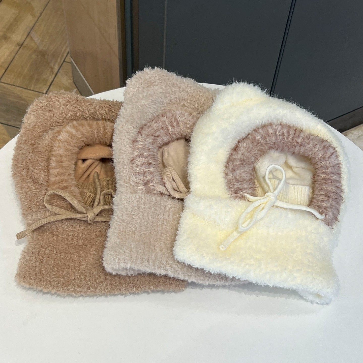 韩国小熊耳朵毛绒帽女冬季保暖护耳毛线帽针织围脖一体骑行亲子帽