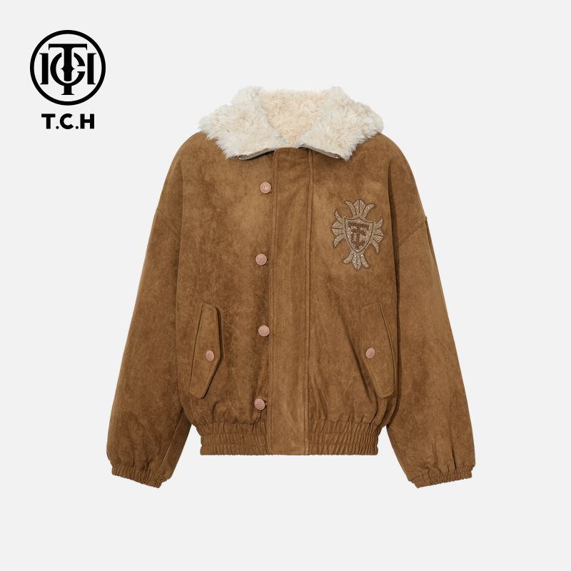 TCH私服冬款慵懒风烫钻时尚淑女棕色外套女T75D27E1040轻奢tch