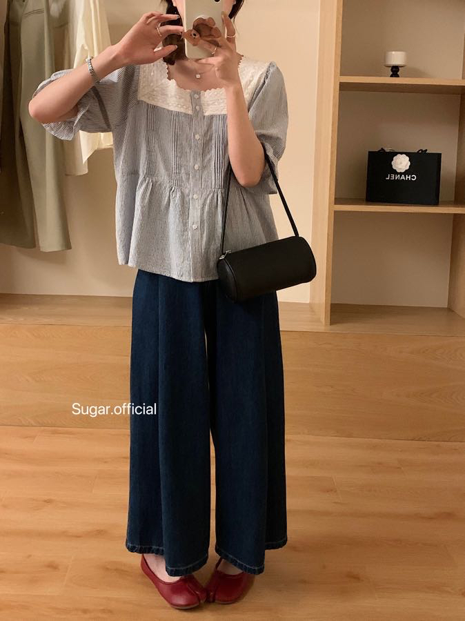 9379 方领蕾丝条纹短袖上衣