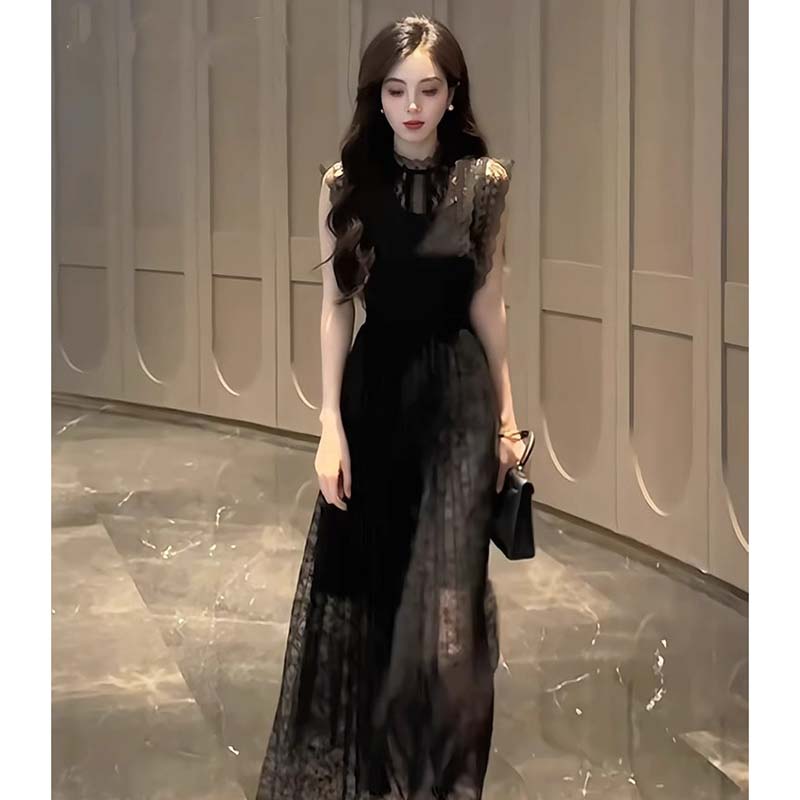 【有里布】蕾丝连衣裙女夏收腰气质高级感重要场合黑色小裙子D2862