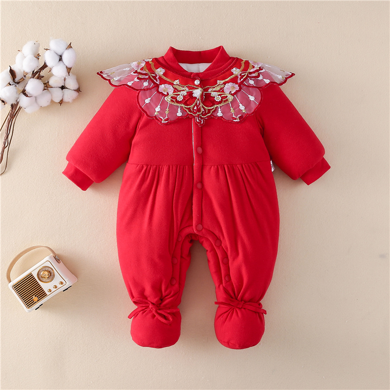 宝宝红色连体衣婴儿深冬手工棉服棉花衣男女加厚新生包脚保暖哈衣