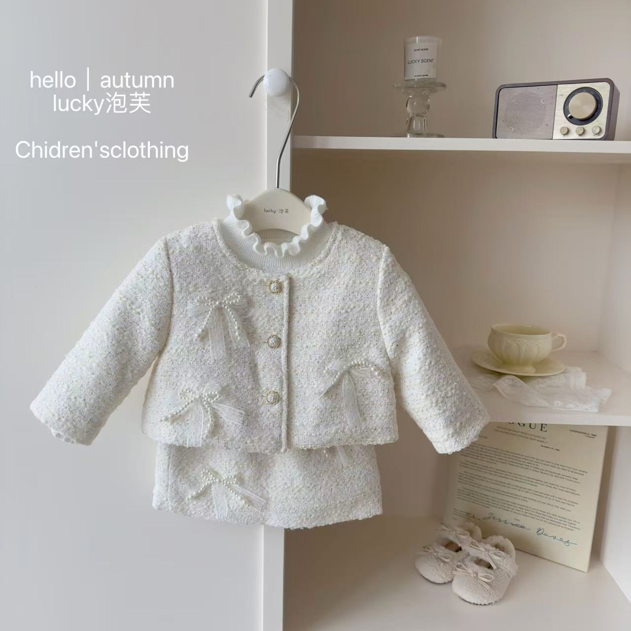 【lucky泡芙】小香风！女童miu系蝴蝶结韩秋冬高级小香风半身裙套装