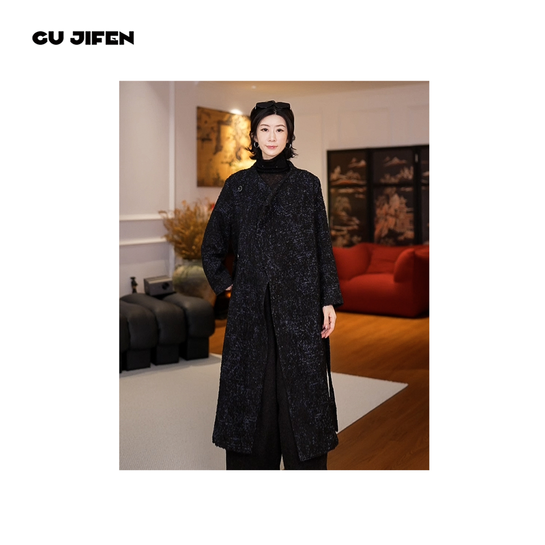 GU JIFEN｜娇兰岛屿｜羊毛长款黑蓝色冬季厚实桑蚕丝外套 X58275